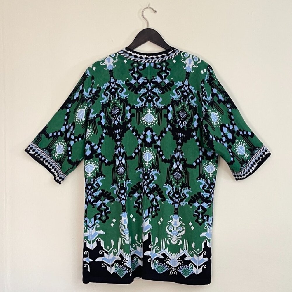 Chico's Open Front Linen Blend Cardigan Tribal Bohemian Print Green Black, Large - Picture 4 of 10